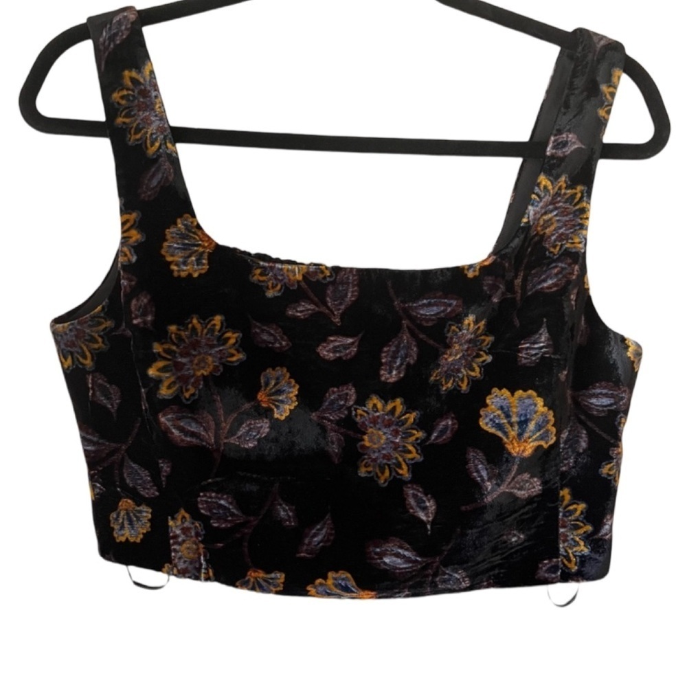 Rachel Zoe Black Velvet Floral Smocked Back Crop Tank Top NWT Size 8